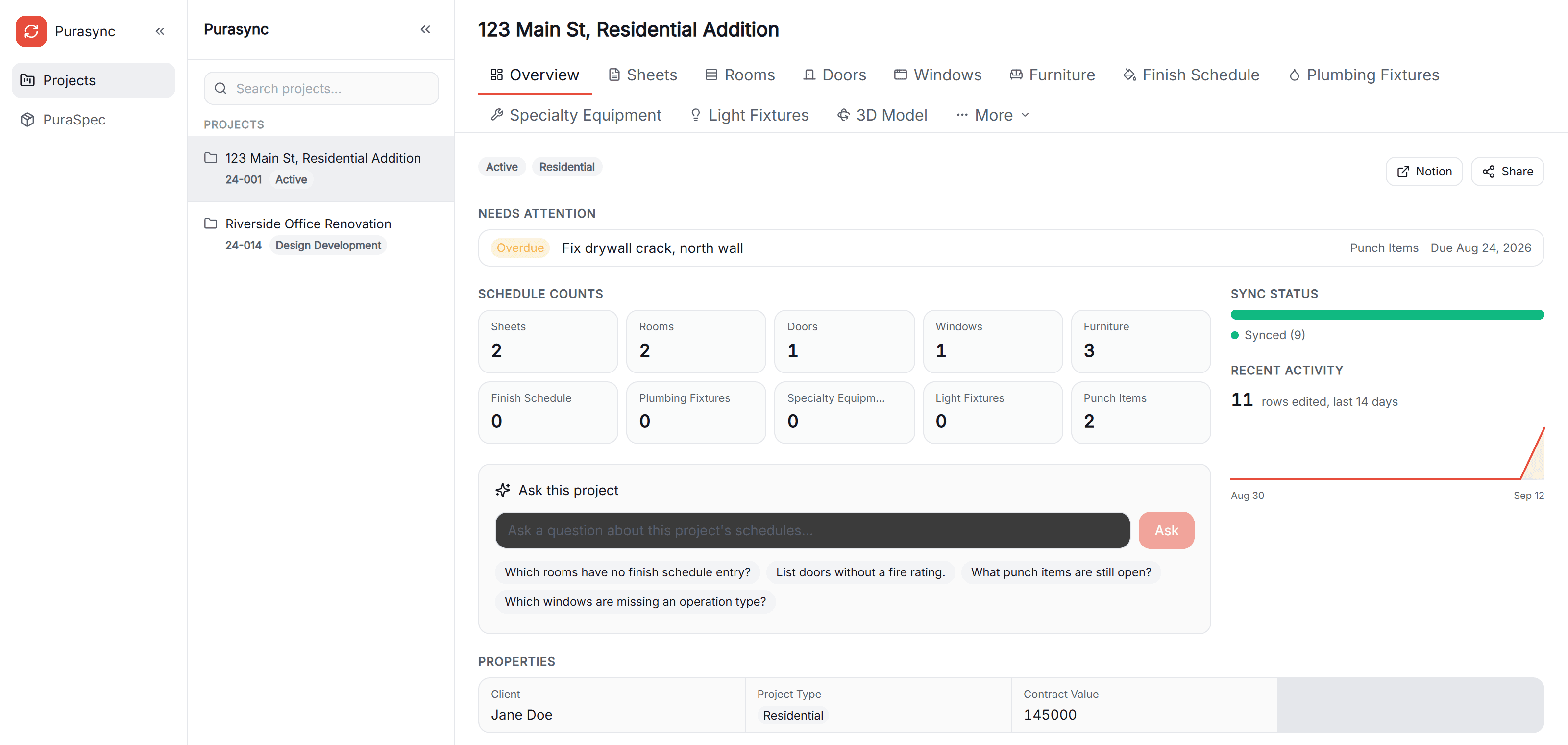 The PuraBIM web app showing a project overview with schedule counts, sync status and an Ask this project box